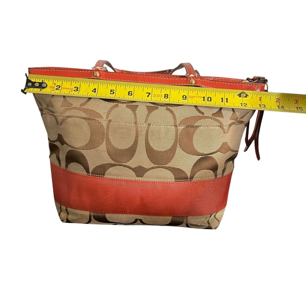 Coach Tote Bag Womens Medium Brown Signature Avary Canvas Orange Patent Trim - Picture 7 of 15